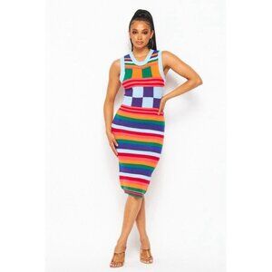 Women Knit Bodycon Dress SZ Large Striped Rainbow Sleeveless Stretch Round Neck